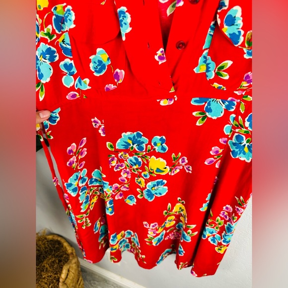 Vintage Cameo Red Floral Mini Summer Spring Shirt Dress - Picture 4 of 6